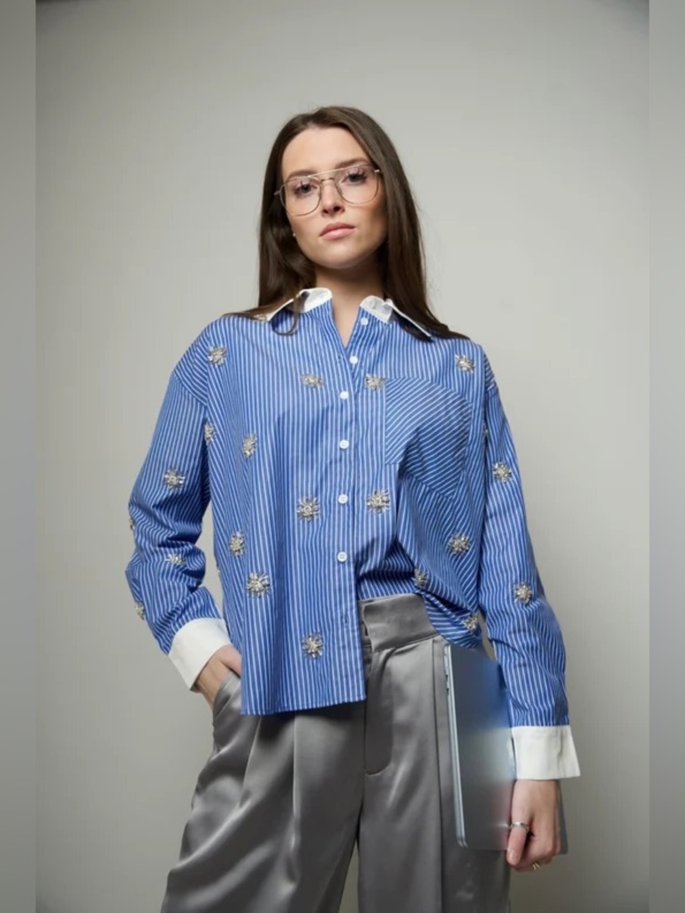 NWT KARINA GRIMALDI Cotton Lumi Blouse Blue Striped Embellished Button Down L